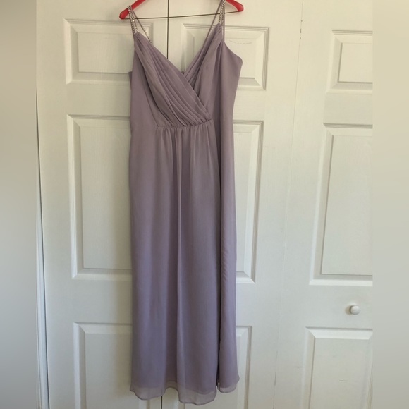 light grey purple bridesmaid dresses Berylove Women Grey Purple A Line Maxi Dress V Neck Embroidered Chiffon Wedding Party Guest Dress with Long Sleeves, Grey Purple / XL main image 1